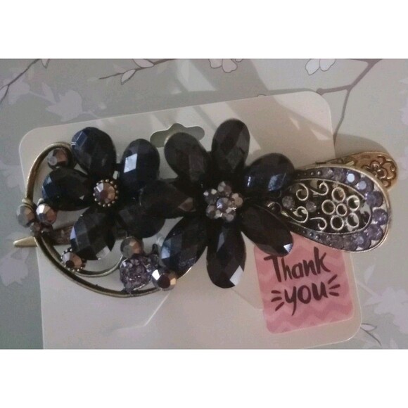 Large Black Jeweled Ornate Design Hair Clip Rhinestone Flowers Bronze Elegant - Picture 1 of 3